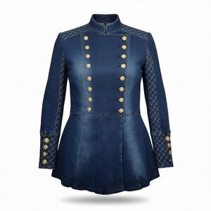 Venus Denim Military Jacket Women’s Sz 2 Blue Quilted Sleeves Gold Buttons Chic